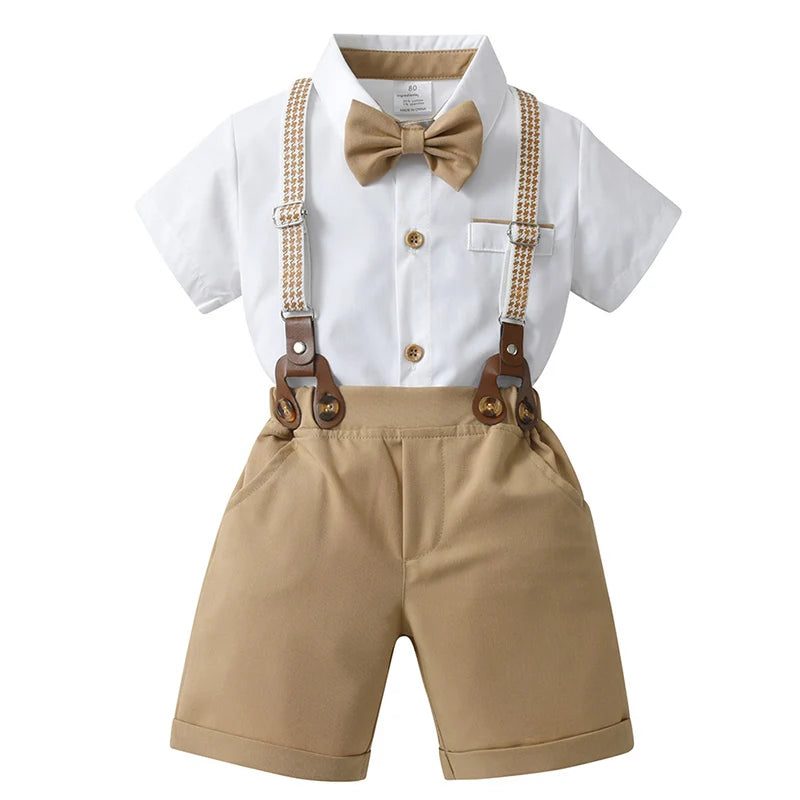 Baby Boy Clothes Set Summer Short Sleeve Shirt Bowtie +Suspenders Shorts 3pcs Kids Birthday Party Children Gentleman Suit
