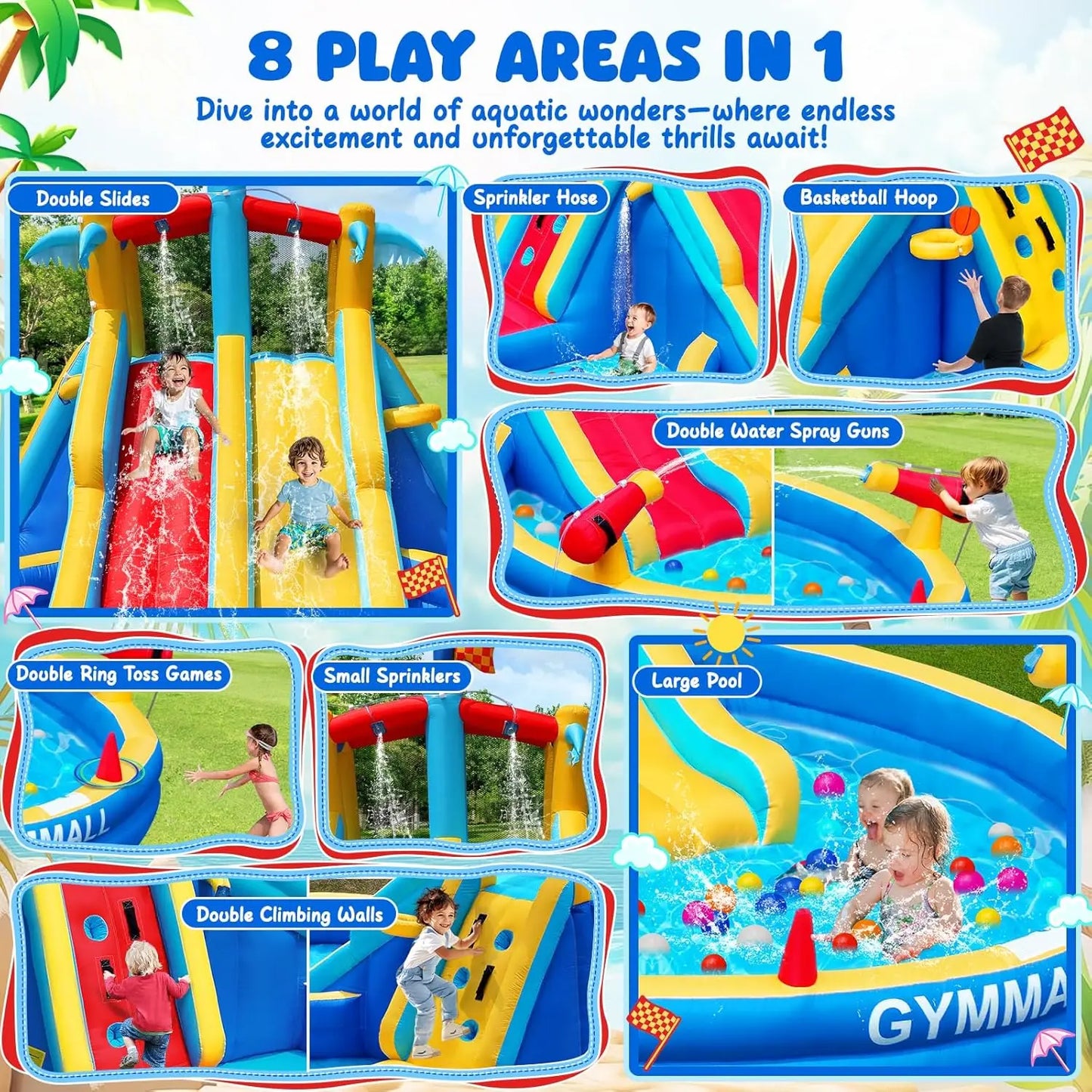 Inflatable Water Slide Bounce House with 550 W Blower, Blow up 8-in-1 Waterslide Park Bouncy Castle for Kids Outdoor and Indoor,