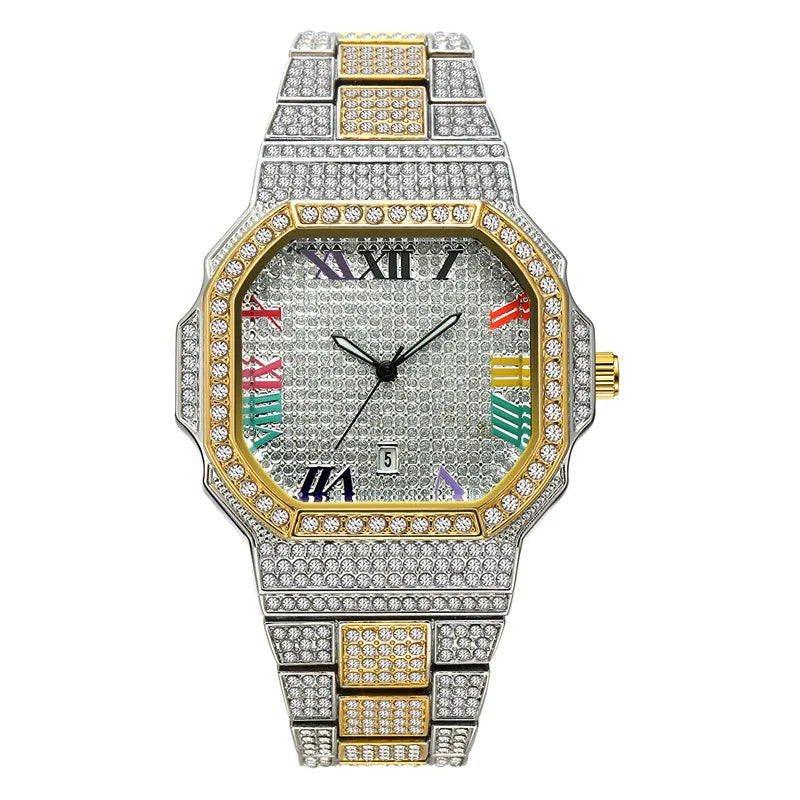 Original Big Brand Watches For Men Fashion Casual Alloy Band Hip Hop Diamond Luxury Golden Date Quartz Watch Relogio Masculino