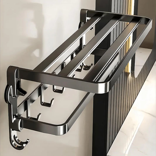 Bathroom Suction Cup Towel Rack, Wall Mounted Foldable Storage Rack, Non Perforated Aluminum Alloy Storage Bracket with Hooks