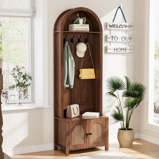 Hall Tree with Bench and Shoe Storage, Entryway Storage Bench with Coat Rack, Arch Coat Rack Fluted Doors, Farmhouse Style