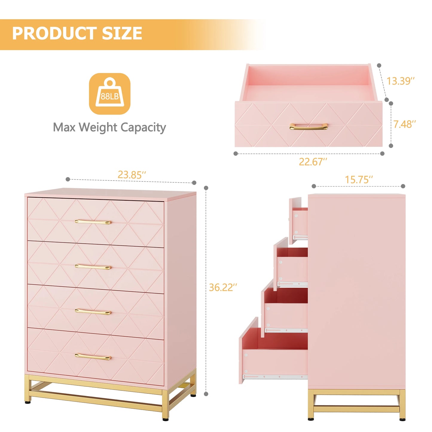 4 Drawer Dresser for Bedroom, Wood Dresser Chest of Drawers with Wide Drawers and Gold Handles, Storage Organizer Unit