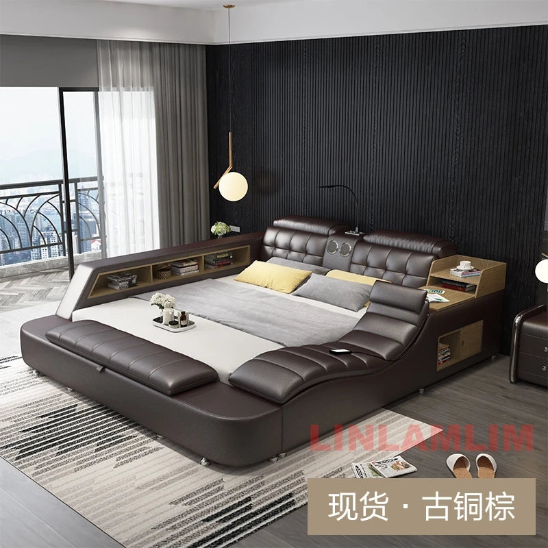 Linlamlim Tech Smart Multifunctional Bed Frame with Genuine Leather, Bluetooth Speaker, and Massage | Ultimate Soft Tatami Lit