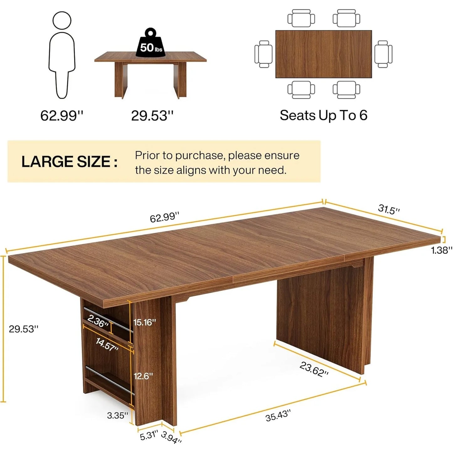 Farmhouse Dining Table for 6 to 8, 63-Inch Rectangular Kitchen Table with Storage,for Dining Room, Kitchen, Living Room