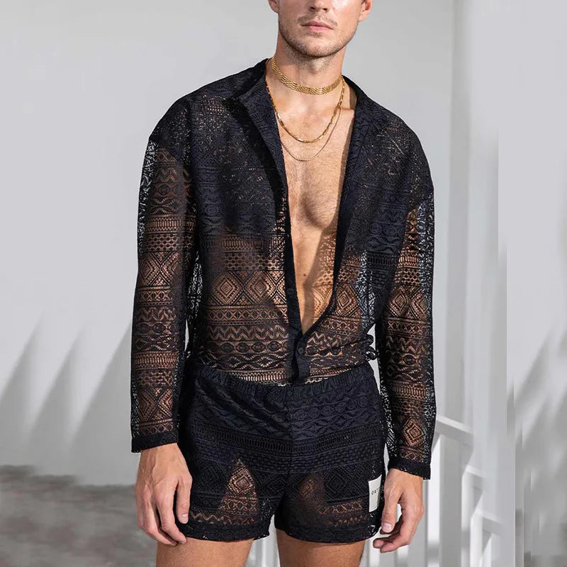 Men's Clothing Fashion Suit Men 2pcs Clothes Set Hollow Out Sexy Lace Short Sleeve Casual T Shirt Top Shorts Summer Solid Color