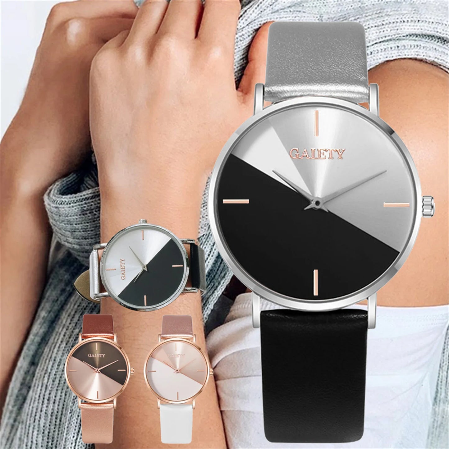 Women'S Watch Set Luxury Fashion Light Luxury Geometric Stitching Quartz Style Pu Leather Strap Round Dial Women'S Gift