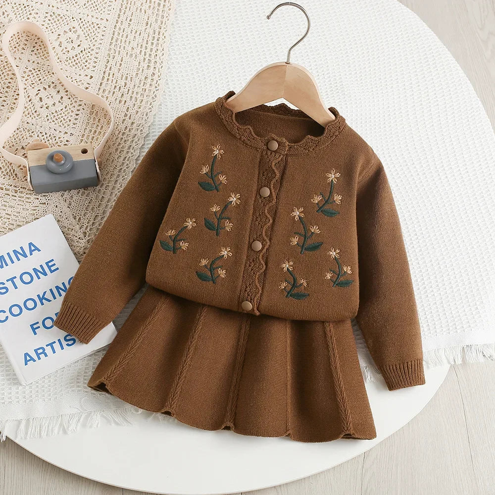 Baby Girl Clothes Girls Knitted Sweater Set Embroidered Flower Design Two-Piece Jacket And Pants Spring Autumn Korean Style