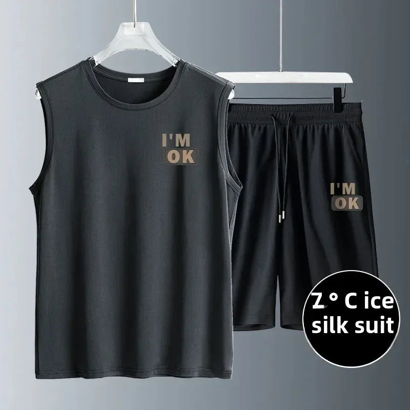 Men's Clothing Fashion Breathable Fitness Sports Quick Drying Tank Top + Sweatpants Two-piece Sets  Tracksuit Men