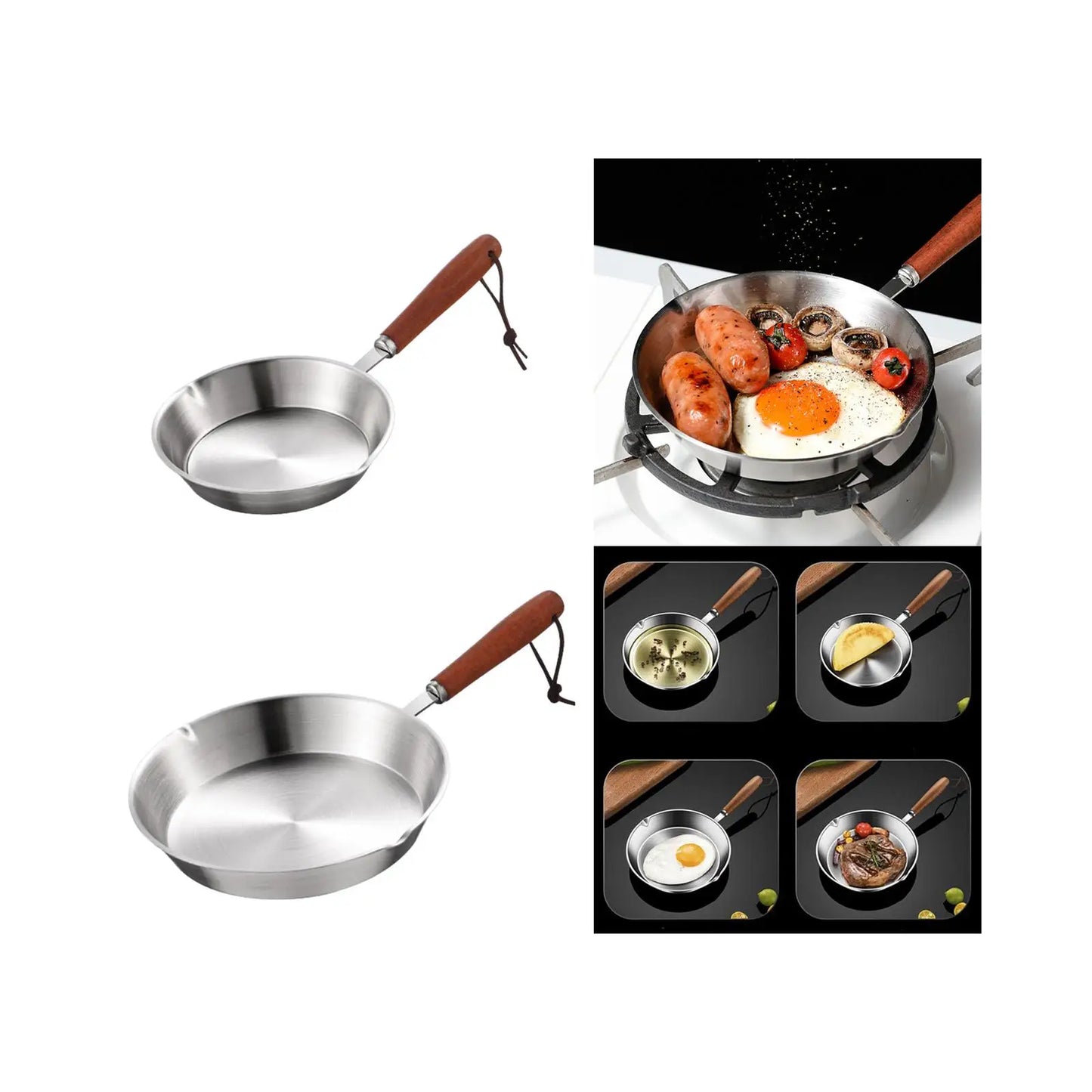 Kitchen Stainless Steel Fry Pan Cooking Eggs Sandwich Kitchen Cookware Wood Handle Butter Warmer Steak Grilling Pan for Home Rvs