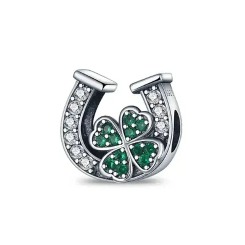 New 925 Silver Horseshoe Clover Star Cat Charm True eyes Pendant Safety Chain Bead Fit Original Bracelet Jewellery Gift dragon