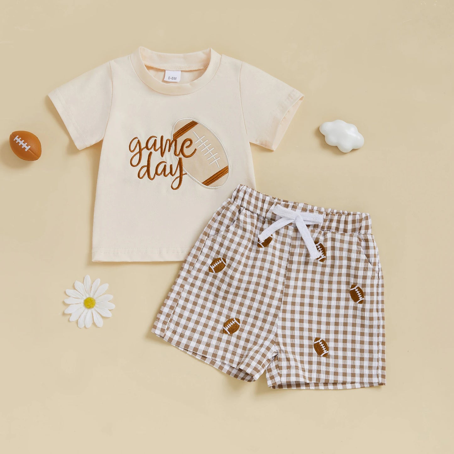 Summer Toddler Baby Football Outfit Loose Fit Letter Print Short Sleeve T-Shirt with Plaid Shorts 2 Pcs Set
