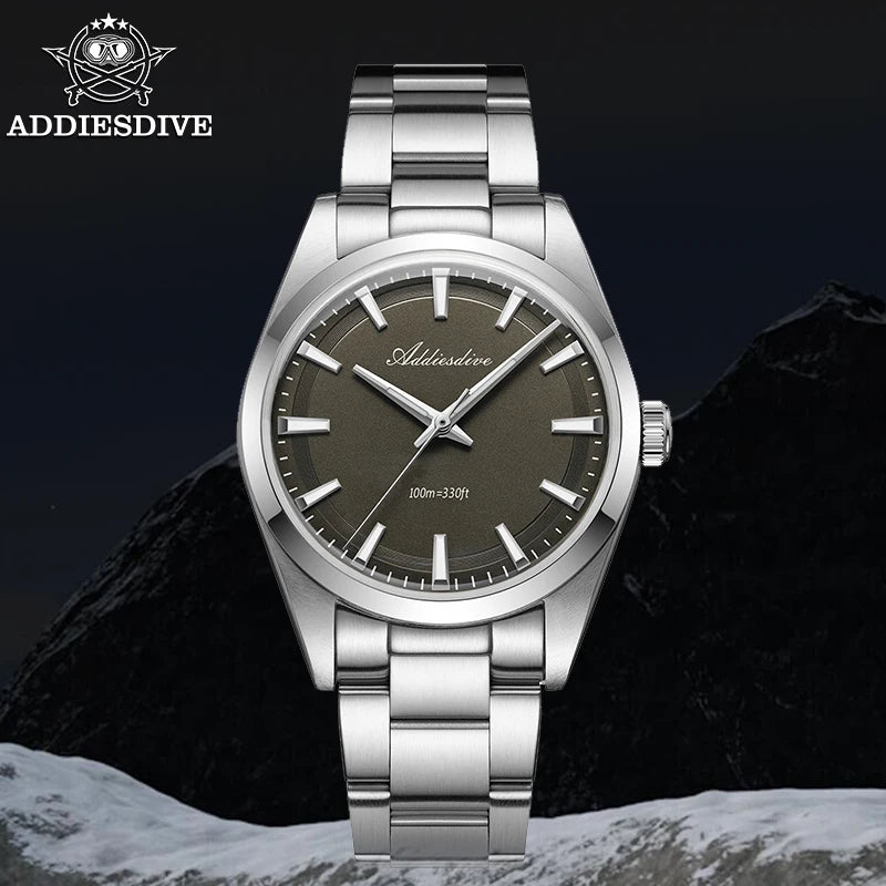ADDIESDIVE Quartz Watch For Men 36mm Dome Glass BGW9 Luminous Diving 100m Waterproof Stainless Steel VH31 Wristwatch New AD2066