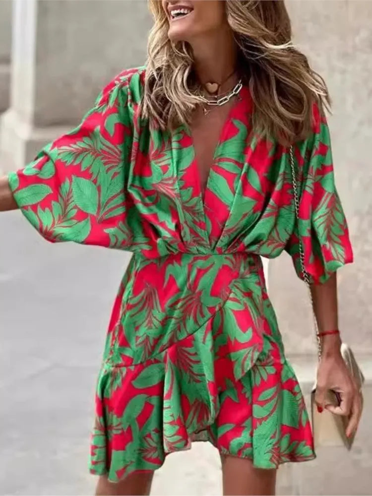 Spring Summer Women's Clothing New Sexy V-neck Fashionable Seven Inch Bat Sleeve Irregular Hem Dress Women's Clothing