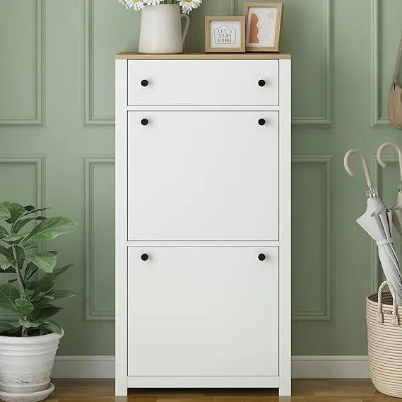 White Shoe Cabinet for Entryway, Slim Shoe Storage Cabinet, Shoe Storage Cabinet with 2 Flip Drawers, Freestanding Organizer Cab