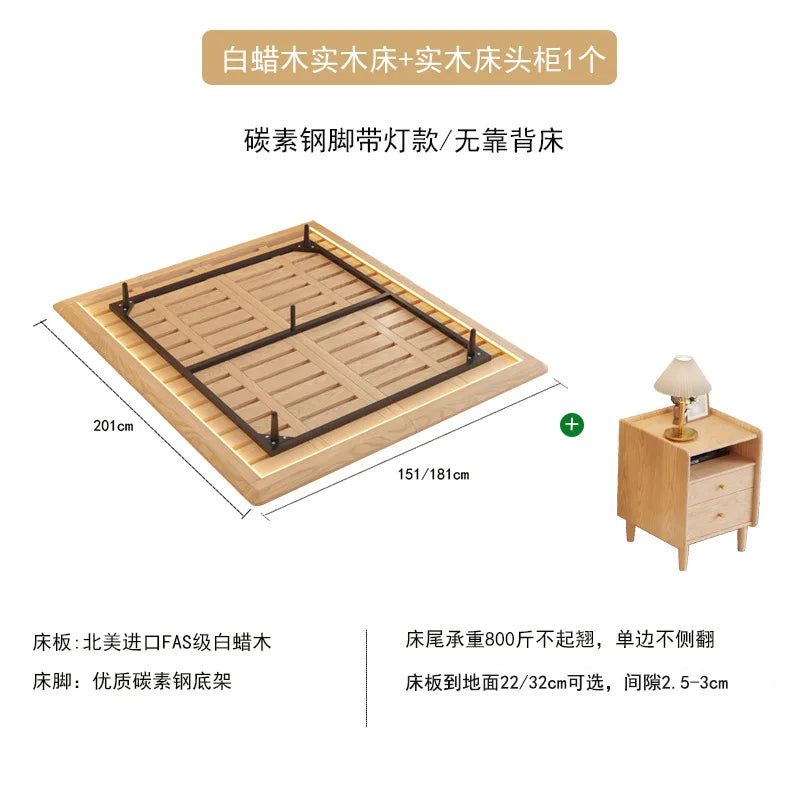 Suspended Bed Minimalist Ash Wood Bedside Frame 2023 New Wabi **** Wind Master Bedroom Simple Pure Solid Wood Bed With Lamp