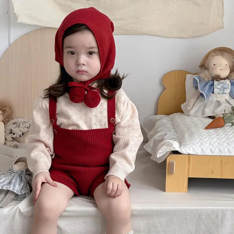 Baby Girl Clothes Autumn Solid Color Long Sleeves Knitwear Top Knitted Suspender Shorts Two Piece Sets Girl Sweater Set