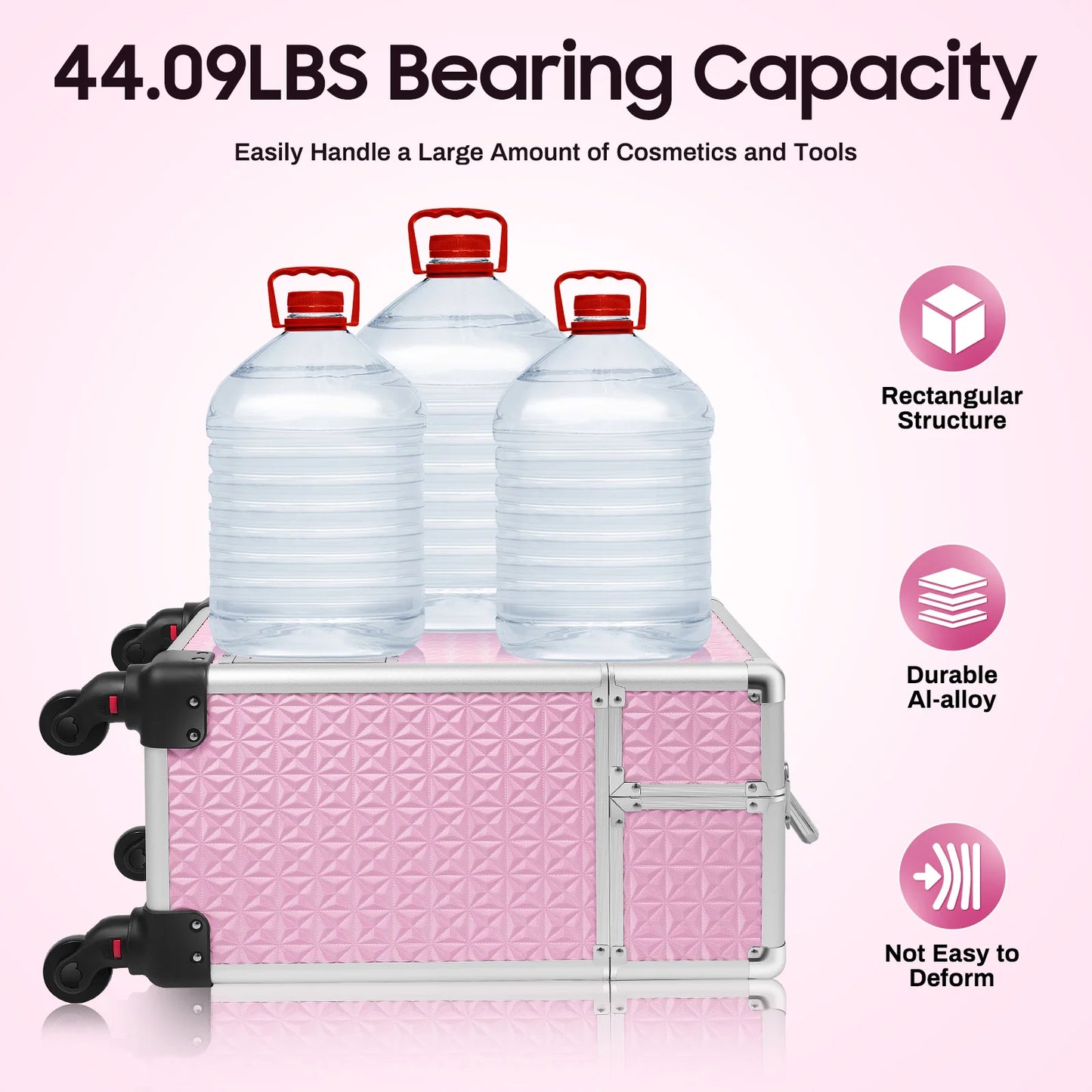 Pink Makeup Luggage Suitcase on Wheels Large Rolling Trolley Makeup Case with Telescopic Handle for Professional Makeup Artist
