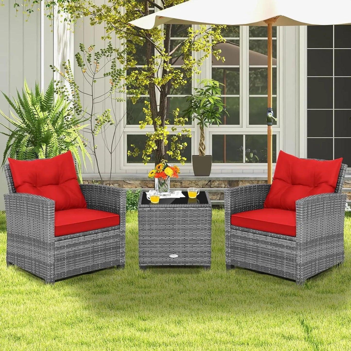 LDAILY Patio Furniture Set, 3 Pieces PE Rattan Wicker Patio Sofa Chairs with Washable Cushion & Glass Table, Outdoor Furniture C
