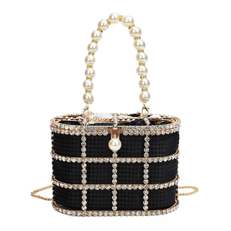 Metallic Evening Bag Pearl Hollow Out Womens Bags Luxury Design Rhinestone Diamond Dinner Bags For Party Wedding Handbags