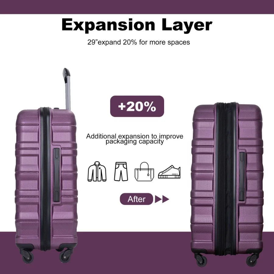 Expandable 3 Piece Luggage Sets PC Lightweight Durable Suitcase with Two Hooks Spinner Wheels TSA Lock 21 25 29 Dark Purple
