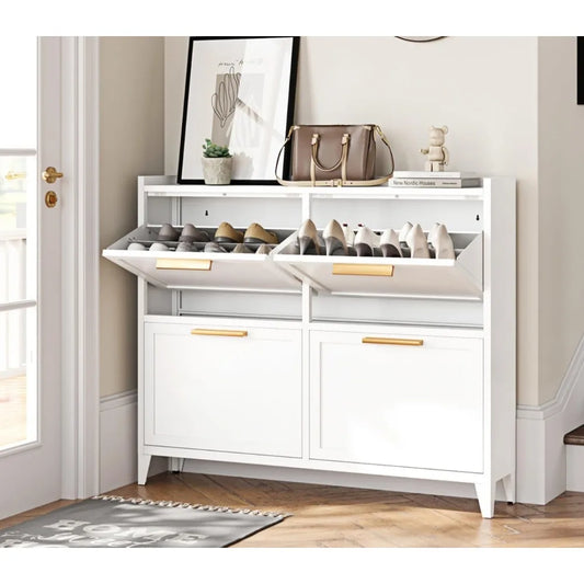 Narrow Shoe Cabinet with 4 Flip Drawers, Metal Slim Shoe Storage Cabinet for Entryway, Freestanding Hidden Shoe Rack Organizer