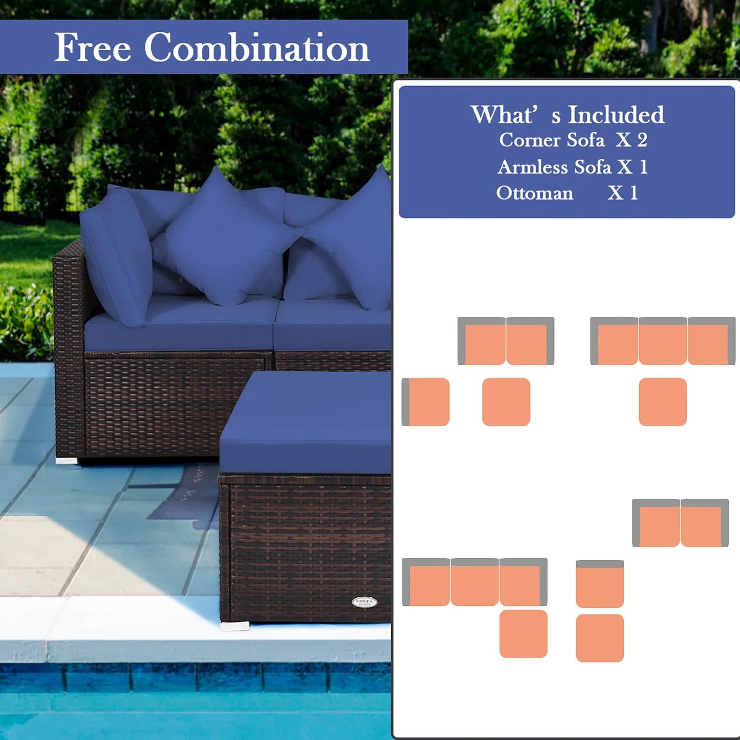 4PCS Patio Rattan Furniture Set Sofa Ottoman Cushion Garden Deck Navy