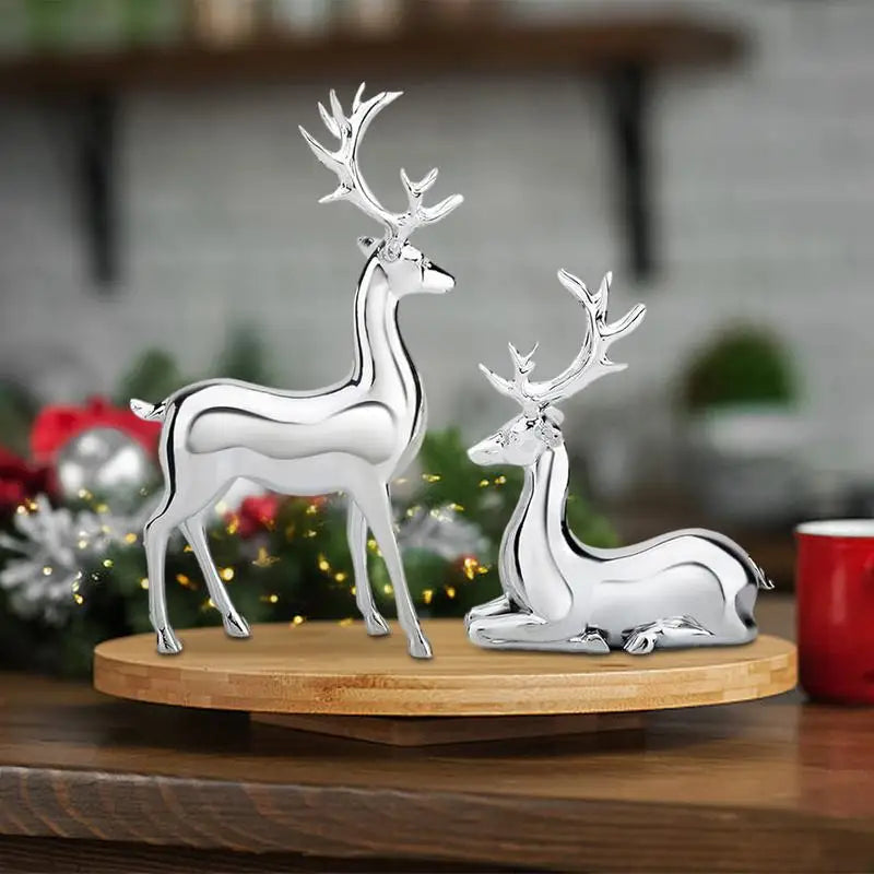 Silver Deer 2PCS Electroplated Silver Deer Figurine Handicraft Piece Resin Sculpture Christmas Center Table Decorations