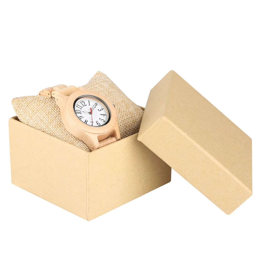 Natural Maple Wood Quartz Ladies Watch Bracelet Clasp Buckle Full Wooden Wristband Arabic Numerals Round Dial Women Watches