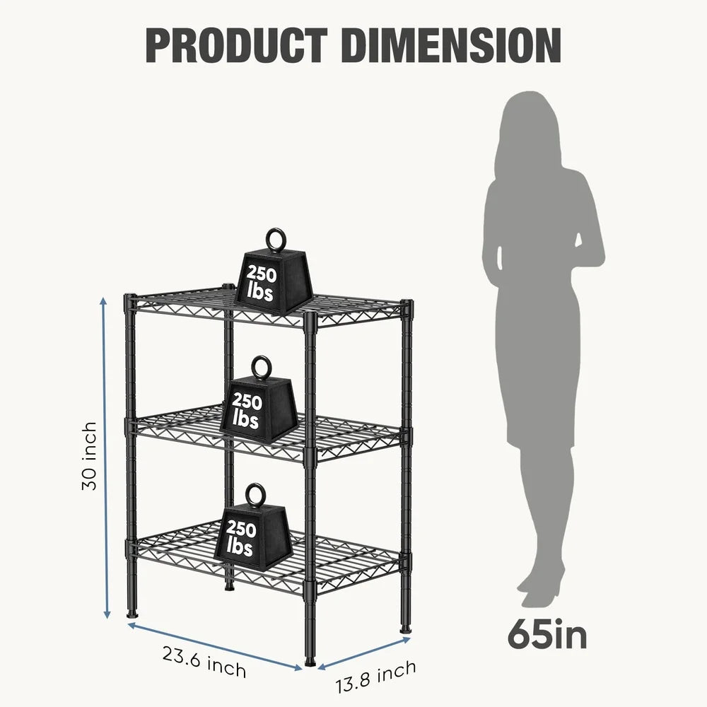 3-Tier Adjustable Heavy Duty Steel Wire Shelving Unit Storage Rack Kitchen Garage Office Organization Freestanding Metal Shelf