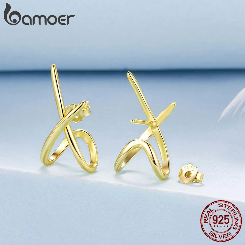 BAMOER 925 Sterling Silver X Earring Studs for Women, Gold Plated Hypoallergenic Earrings Chic Jewelry Gift for Daily Wear