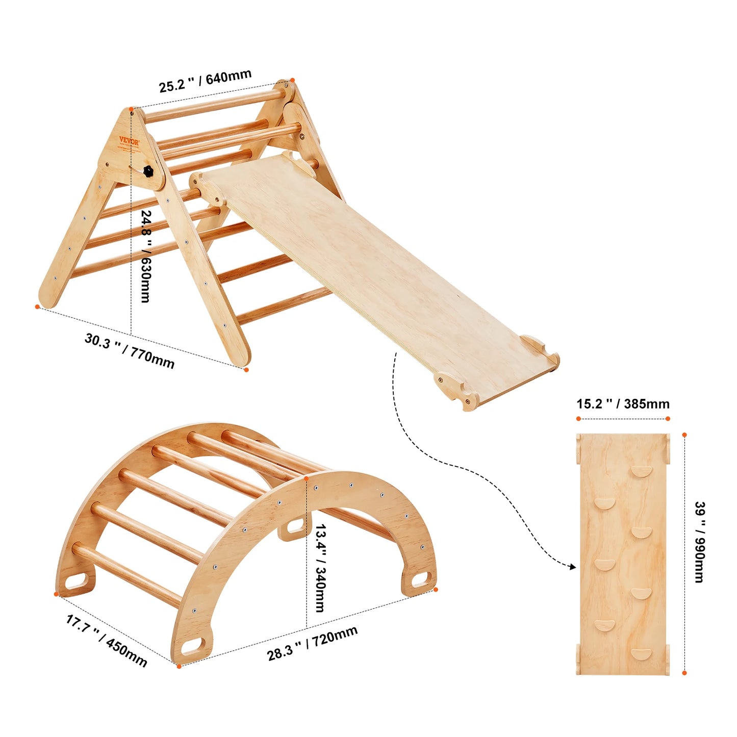 SucceBuy Pikler Triangle Set 5 in 1Toddler Climbing Toys Indoor Playground for Toddlers 1-3 Years Large Size Wooden Climbing Set