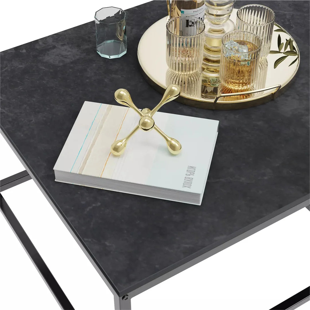 LUVODI Rectangle White Nesting Coffee Table Set Living Room Black Stack-able Accent Tables with Marble Tabletop