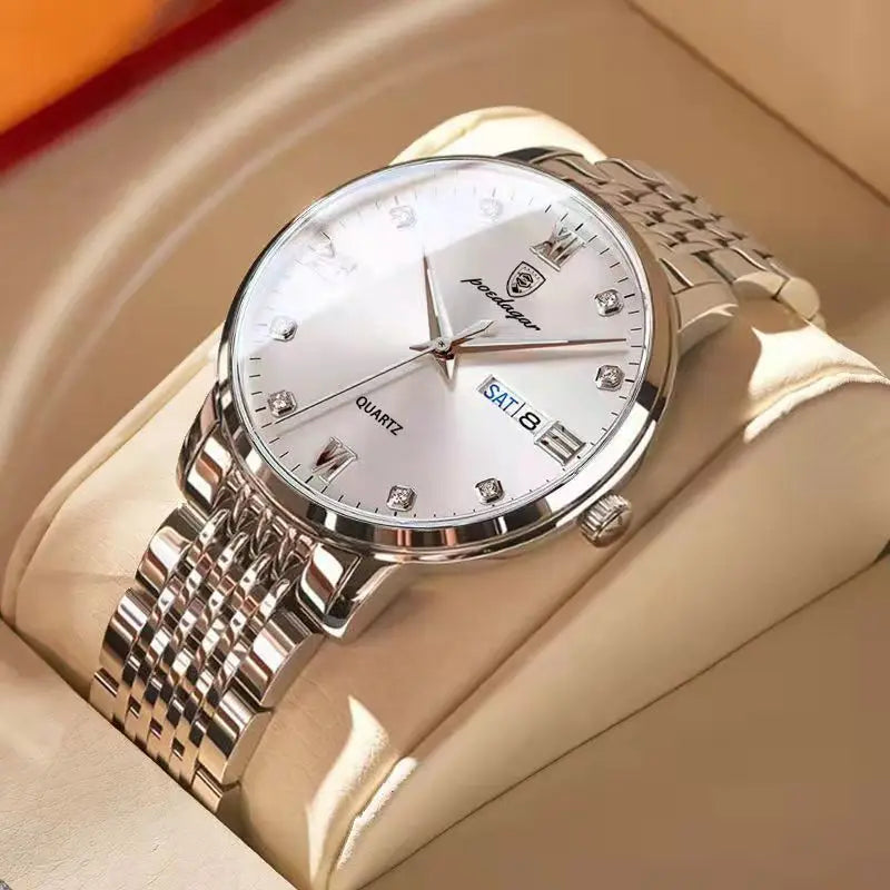 Poedagar Men Watch Luxury Waterproof Luminous Date Week Stainless Steel Mens Quartz Watches for Men Business Relogio Masculino