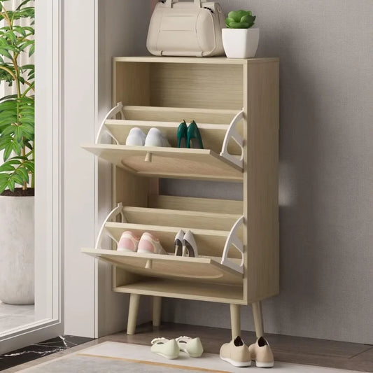 Shoe Cabinet with 2 Flip Drawers, 2 Tier Freestanding Organizer, Rattan Storage Cupboard for Entryway, Hallway, Living Room