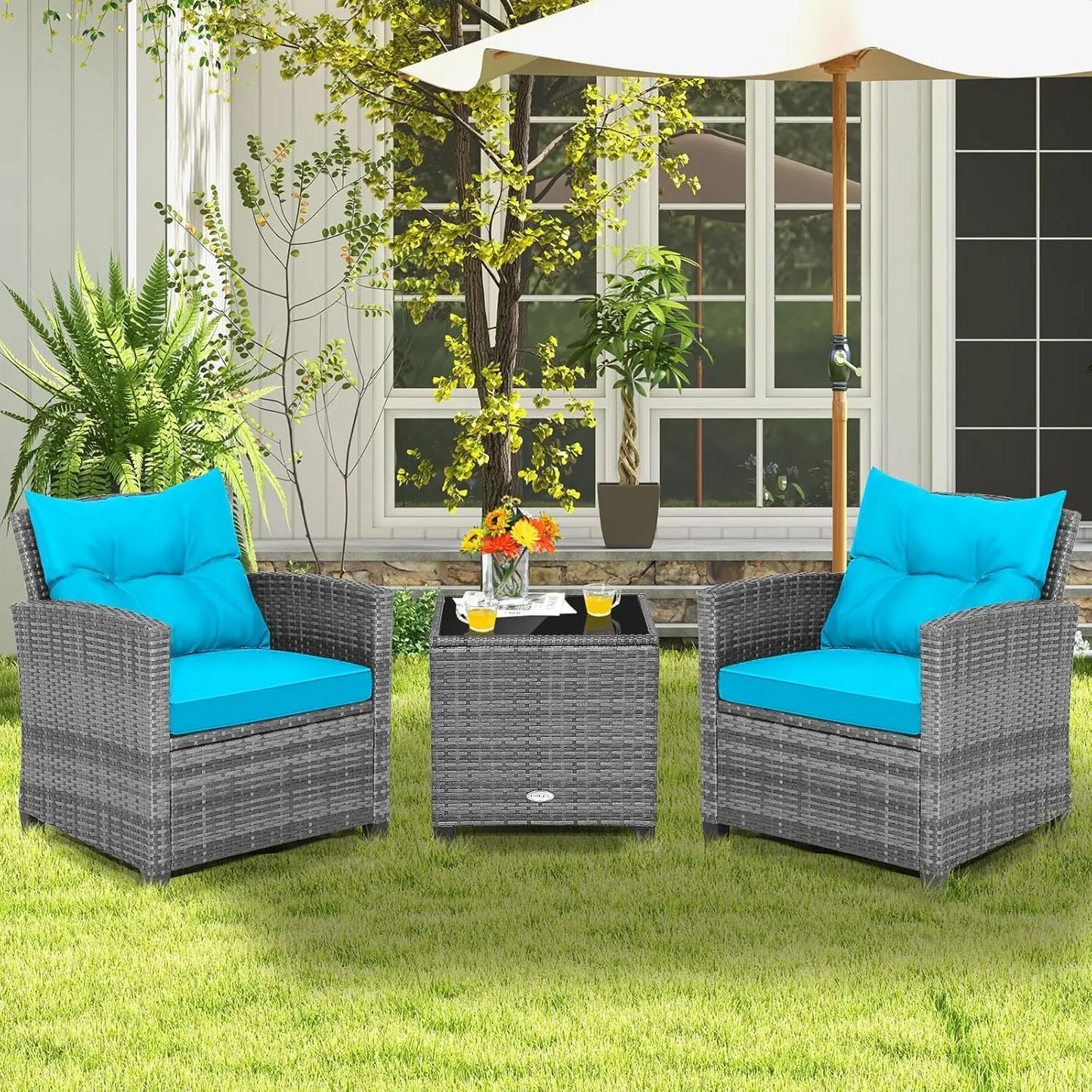 LDAILY Patio Furniture Set, 3 Pieces PE Rattan Wicker Patio Sofa Chairs with Washable Cushion & Glass Table, Outdoor Furniture C