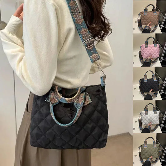 Women Wide Shoulder Belt Handbag Large Capacity All-Match Shopping Tote Bag Fall/Winter Rhombus Space Cotton Shoulder Bag