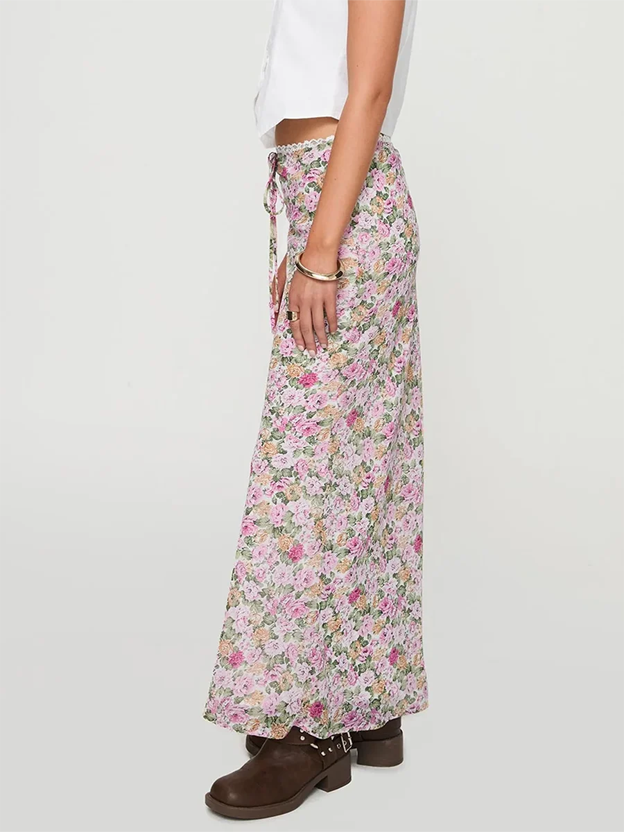 Women s Boho Maxi Skirt with Ruffle Hem and Tie Waist Elegant Floral Print Long Skirt for Summer Beach Vacation
