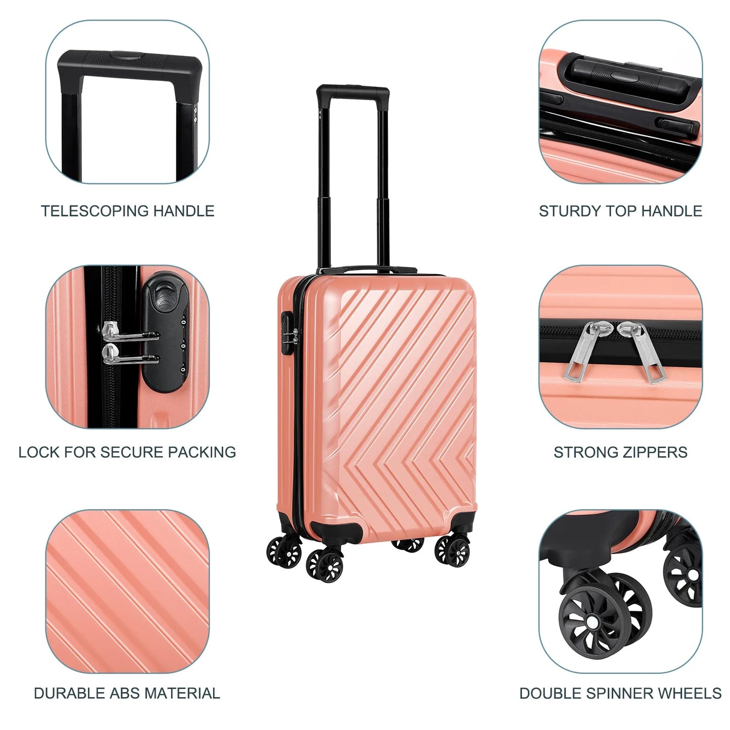 The "lockable luggage" suitcase with 20 handles can be used for travel and features a universal roller design for easy mobility