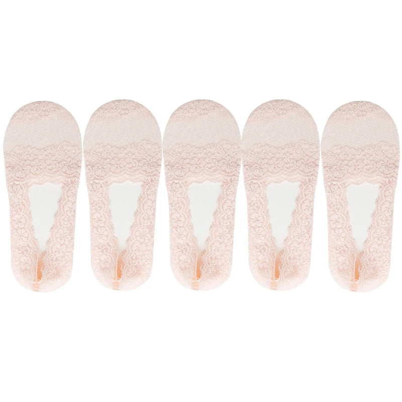 5 Pairs Socks Women's Lace Invisible Short No-Show Ankle Foot Summer Cotton Transparent White Low Cut Boat Sock