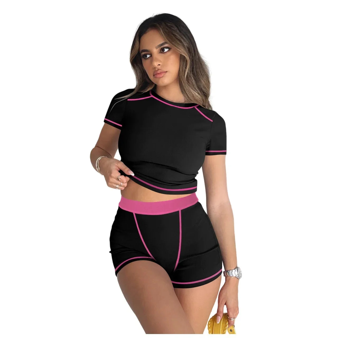 Custom LOGO women's clothing summer Europe and the United States new fashion casual thread contrast two-piece women's clothing