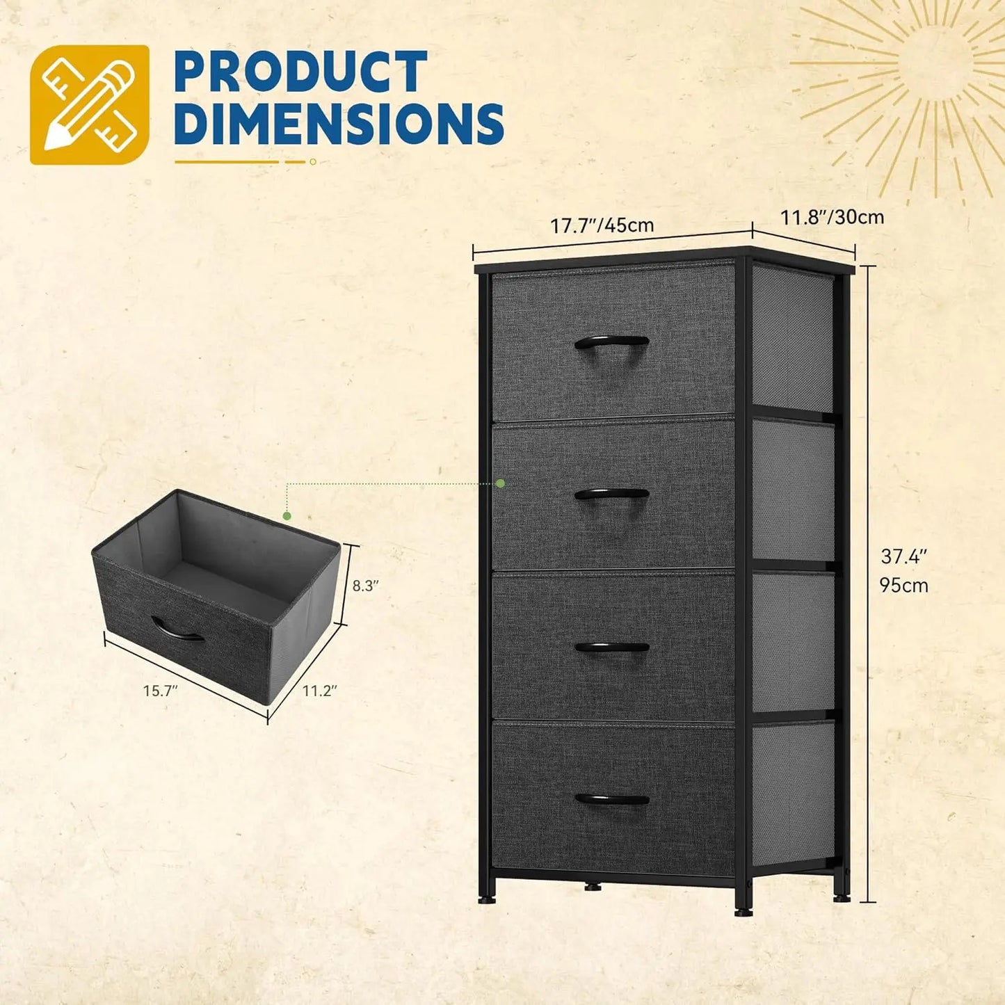 Storage Tower with 4 Drawers - Fabric Dresser, Organizer Unit for Bedroom, Living Room, Closets - Sturdy Steel Frame
