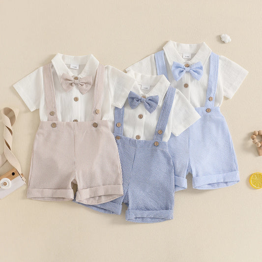 Baby Boy Gentleman Outfit Solid Color Short Sleeve Lapel Neck Romper with Stripe Suspender Shorts Bowtie Boys Summer Clothes