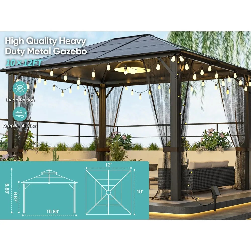 Heavy Duty Gazebo, 10x12 Gazebos For Patios, Hardtop Garden Gazebo With Aluminum Frame,Polycarbonate Gazebos Roof Panels,Outdoor