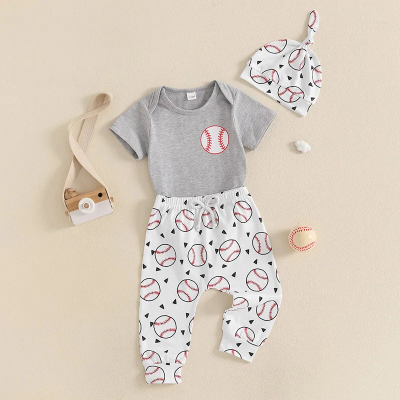 2024-12-24 Lioraitiin Baby Boy Summer Outfits Short Sleeve Round Neck Romper with Baseball Print Pants and Hat 3 Pcs Set
