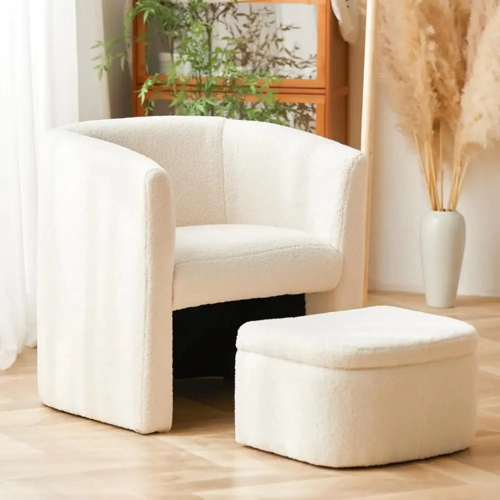 Upholstered Sherpa Bucket Armchair with Storage Footstool, Modern Living Room Side Chair, Single Sofa Armchair