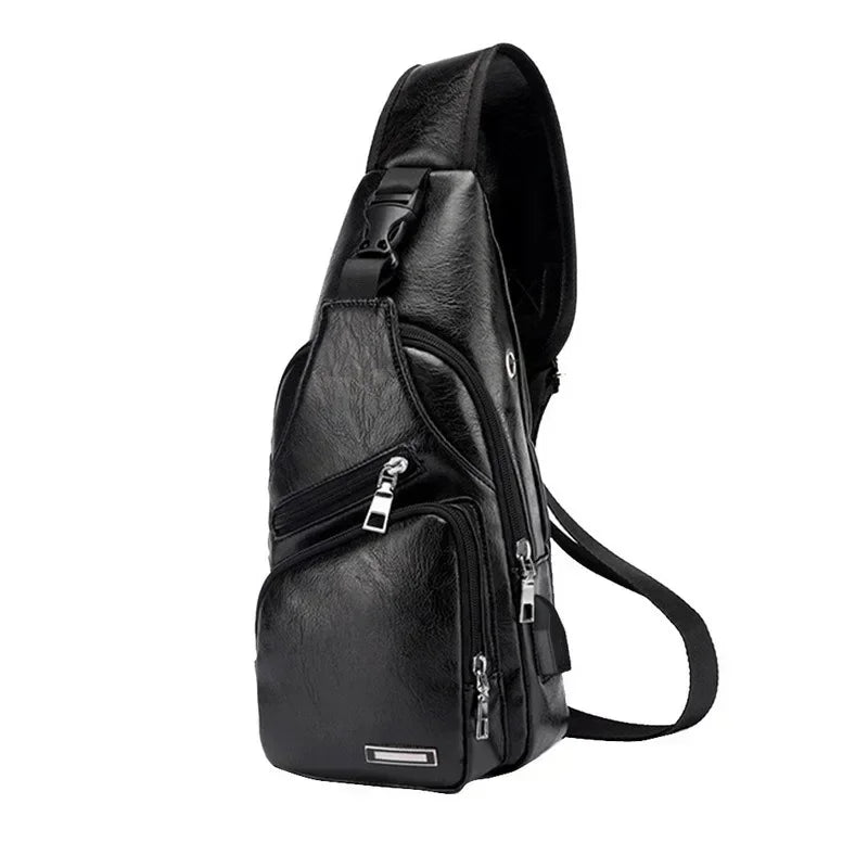 Men's Chest Bags Pack Business Messenger USB Charging Fashion PU Leather Waist Outdoor Casual Sports Brand Single Shoulder Bag