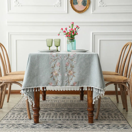 Embroidered Floral Pattern Tablecloth for Dining Table,Dust Proof Spillproof Soil Resistant Cotton Linen Rectangle Table Cover
