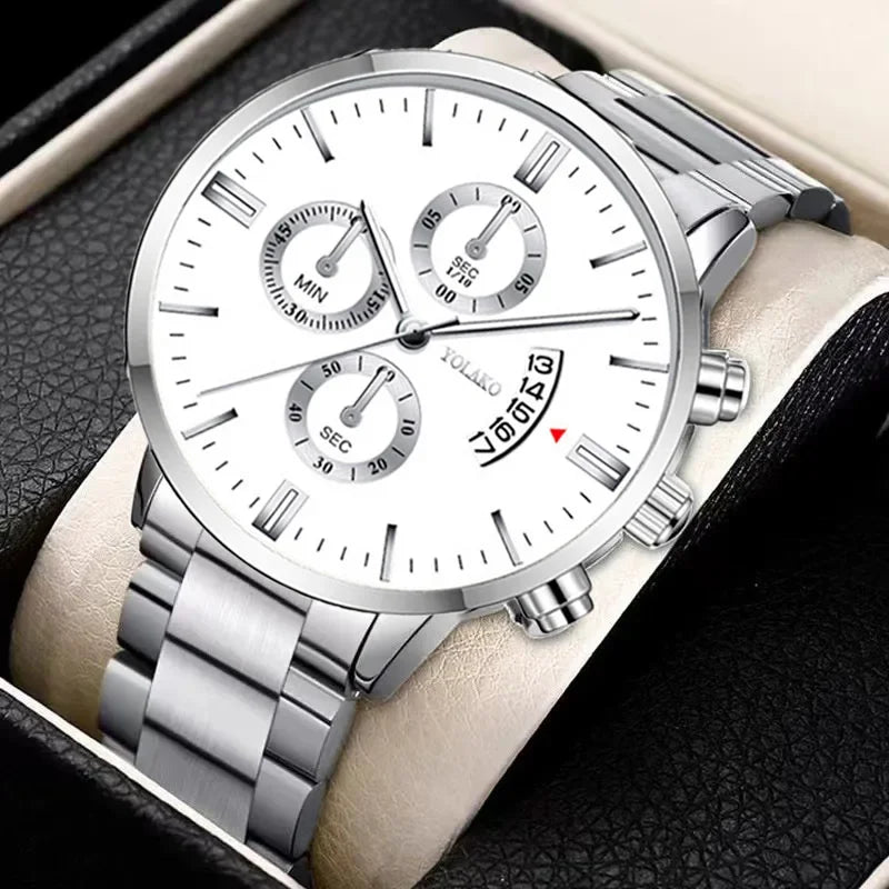Men's Fashion Sports Watches for Men Business Stainless Steel Quartz Wristwatch Calendar Man Casual Leather Luminous Clock Watch
