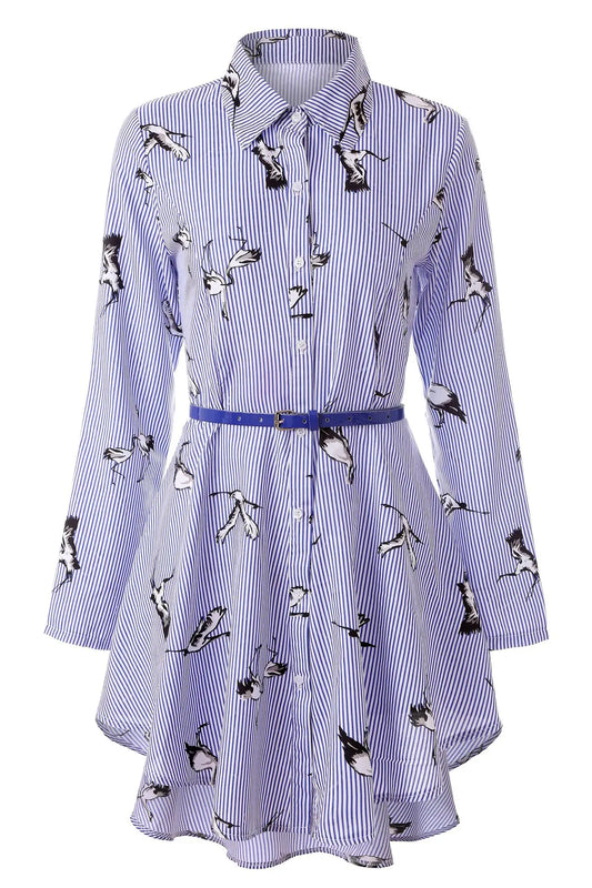 AliExpress European and American women's clothing popular long-sleeved women's clothing striped shirt dress single-breasted belt