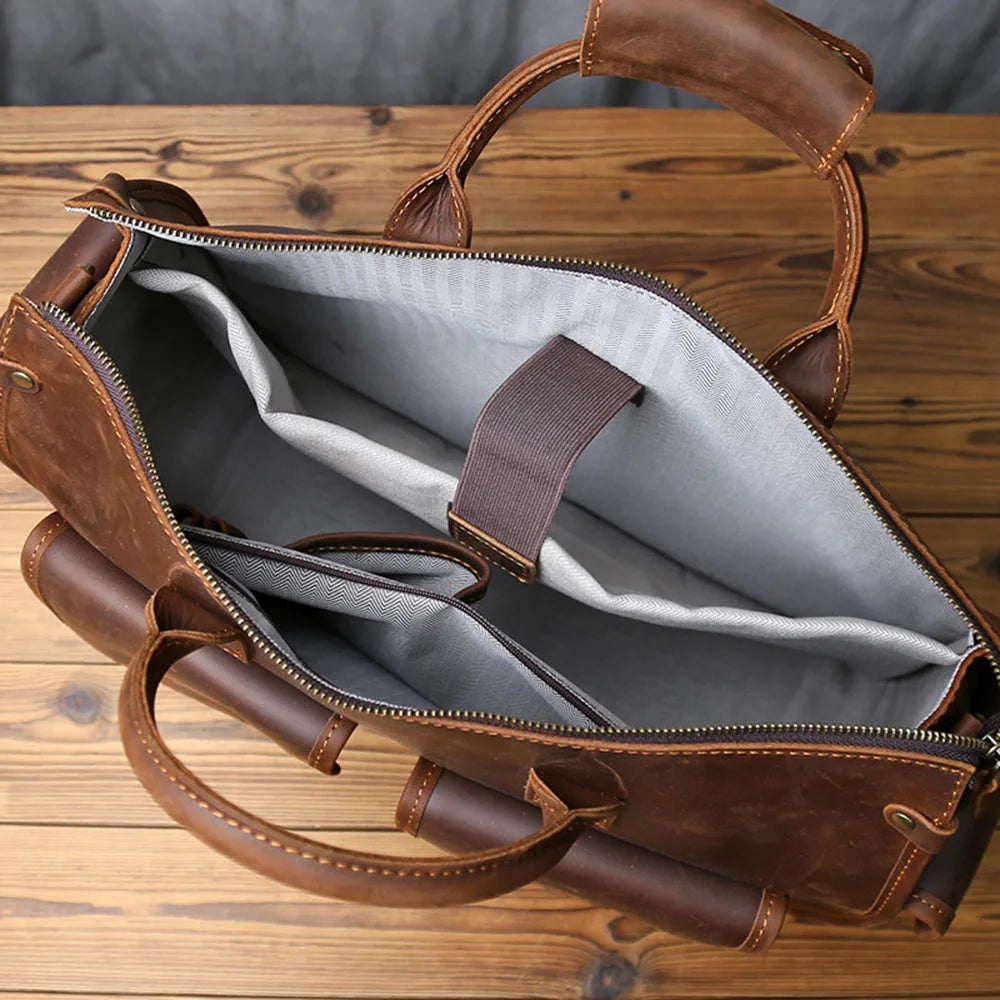 NZPJ Retro Genuine Leather Men's Briefcase Top Layer Cowhide Handbag  Crazy Horse Leather   Crossbody Bag For 16 Inch Laptops